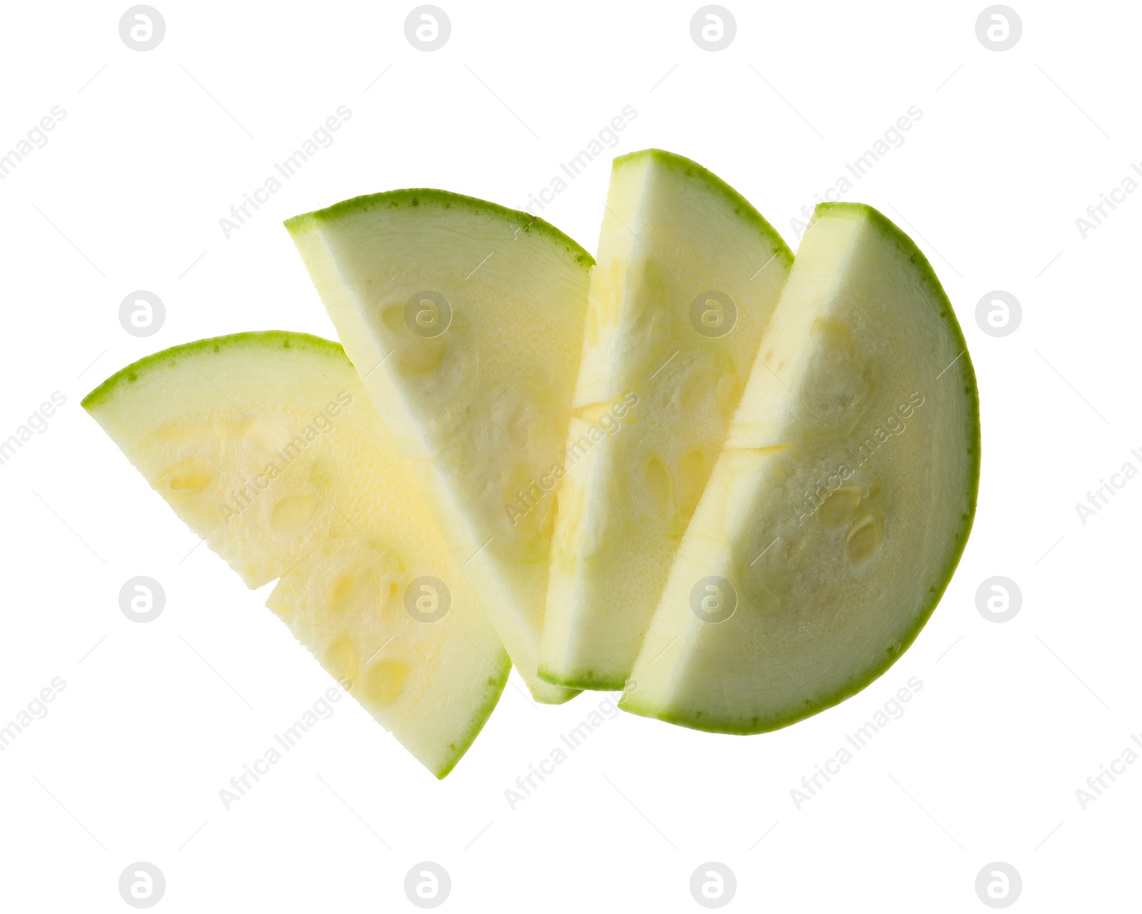 Photo of Slices of ripe zucchini on white background, top view