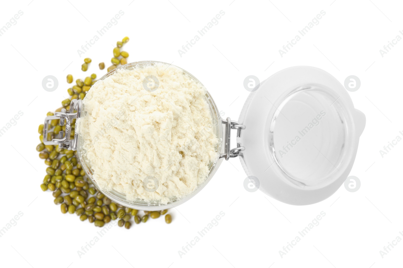 Photo of Mung bean flour in glass jar and seeds isolated on white, top view