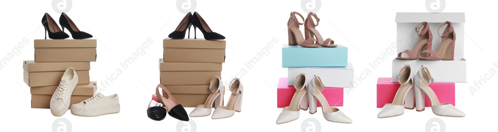 Image of Set with stylish shoes and cardboard boxes on white background. Banner design