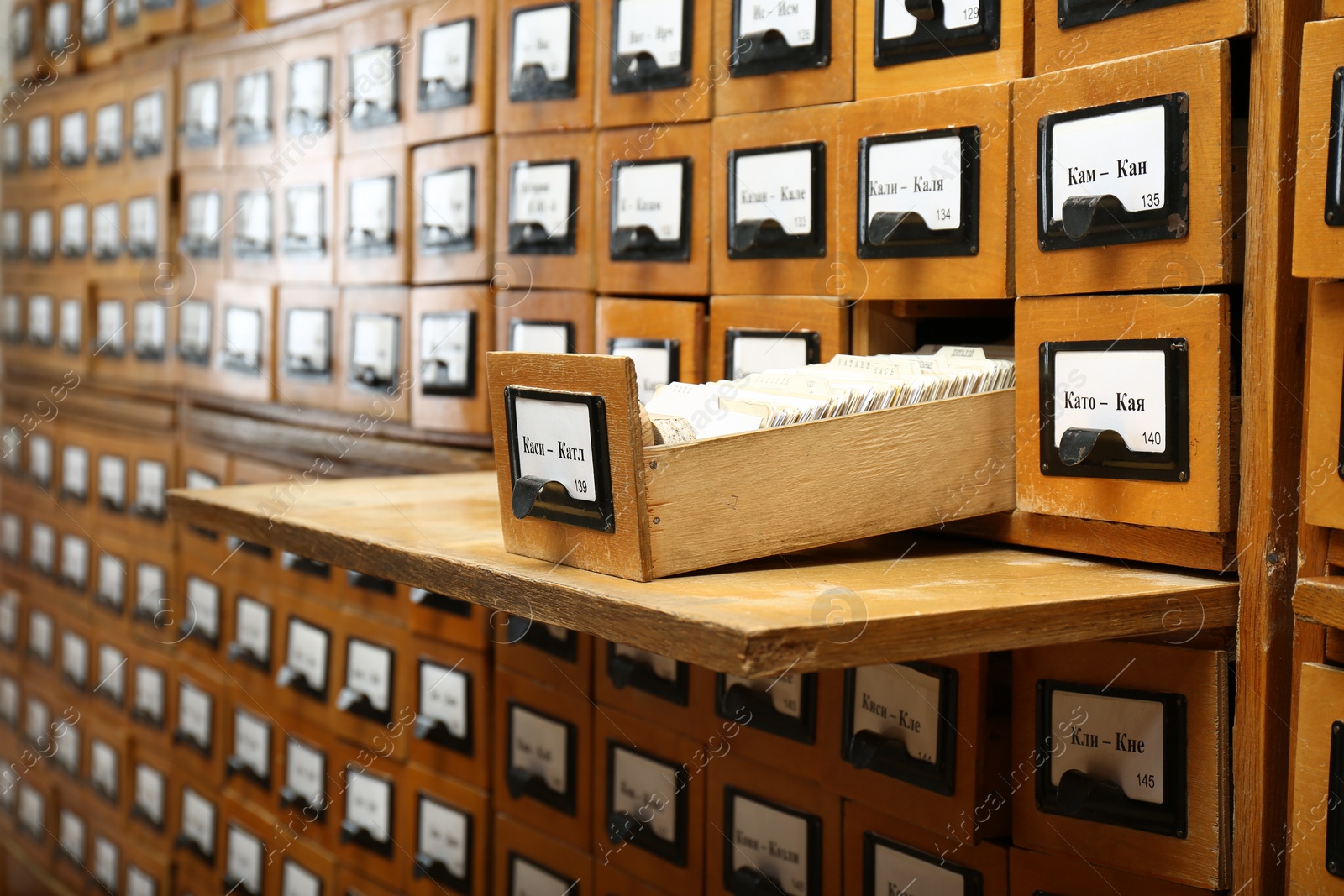 Photo of Closeup view of library card catalog drawers