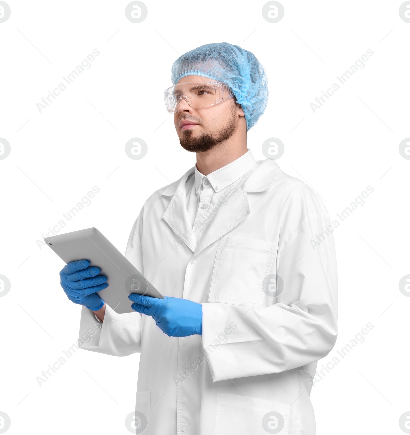 Photo of Quality control. Food inspector with tablet on white background