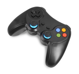 Photo of Black wireless controller on white background. Video game device