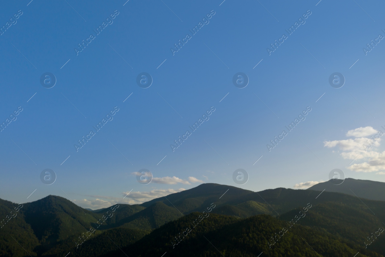 Image of Aerial view of beautiful mountain landscape with forest on sunny day. Drone photography