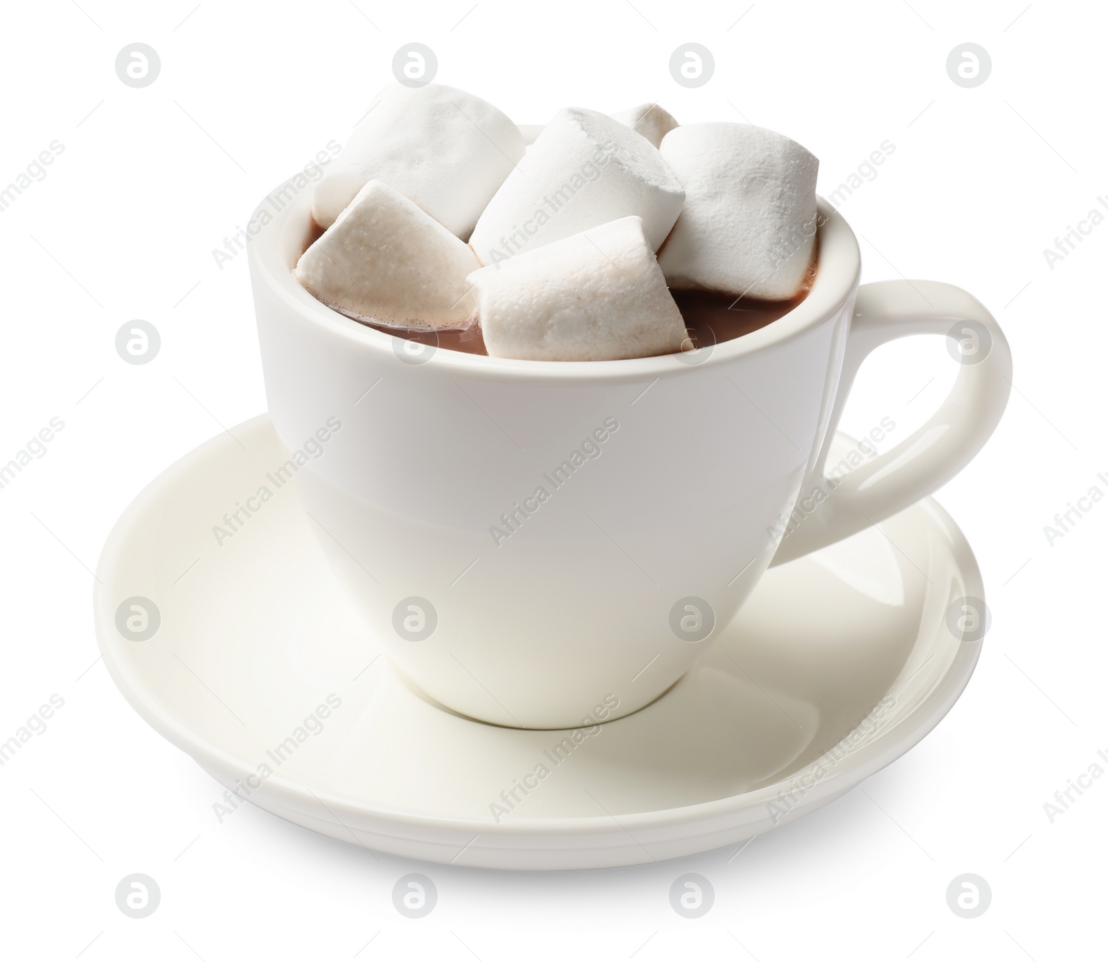 Photo of Tasty hot chocolate with marshmallows isolated on white