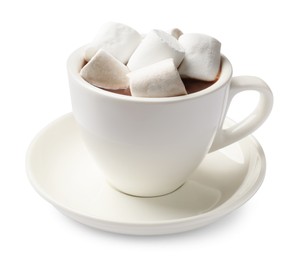 Photo of Tasty hot chocolate with marshmallows isolated on white