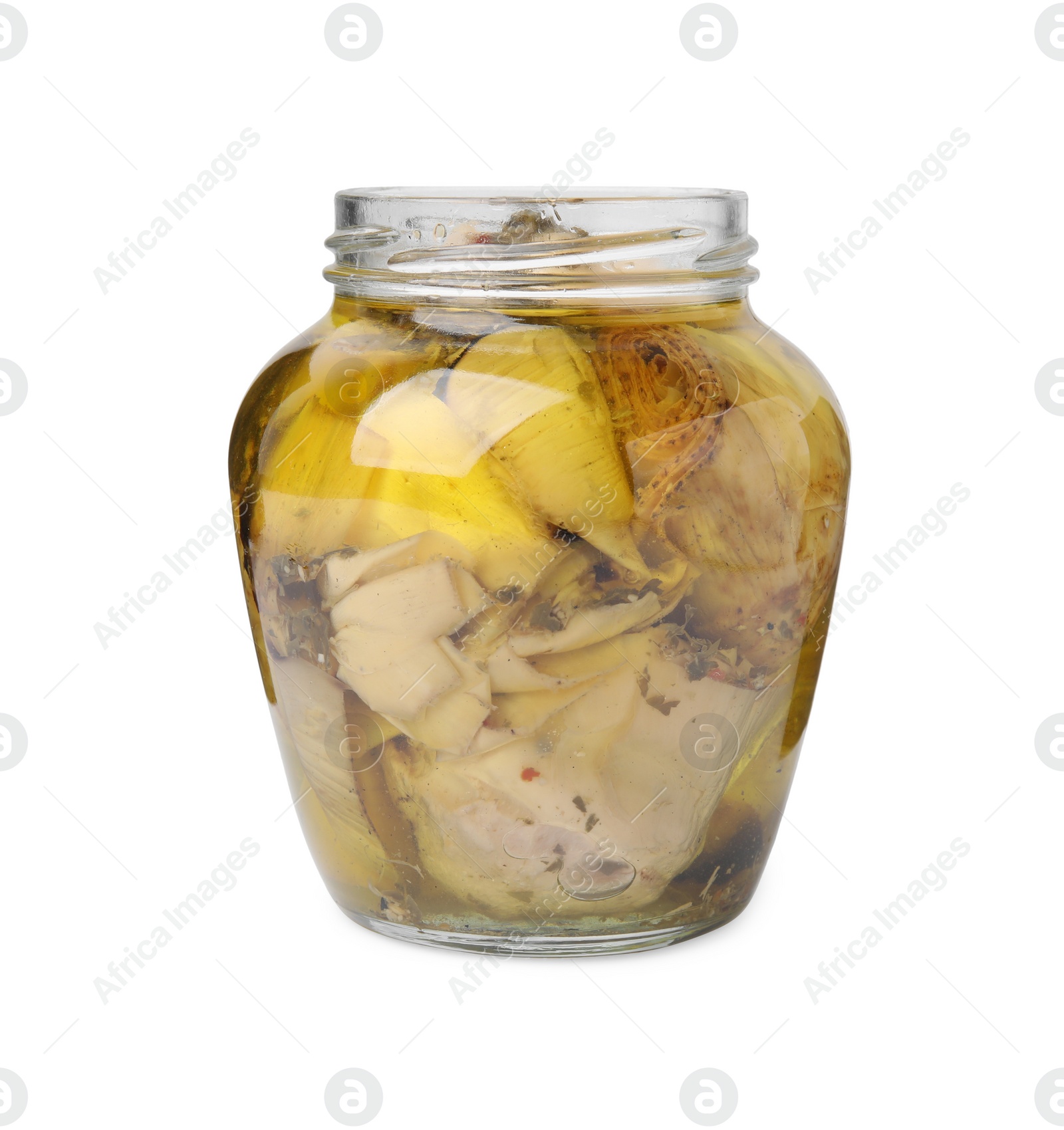 Photo of Open jar of delicious artichokes pickled in olive oil isolated on white