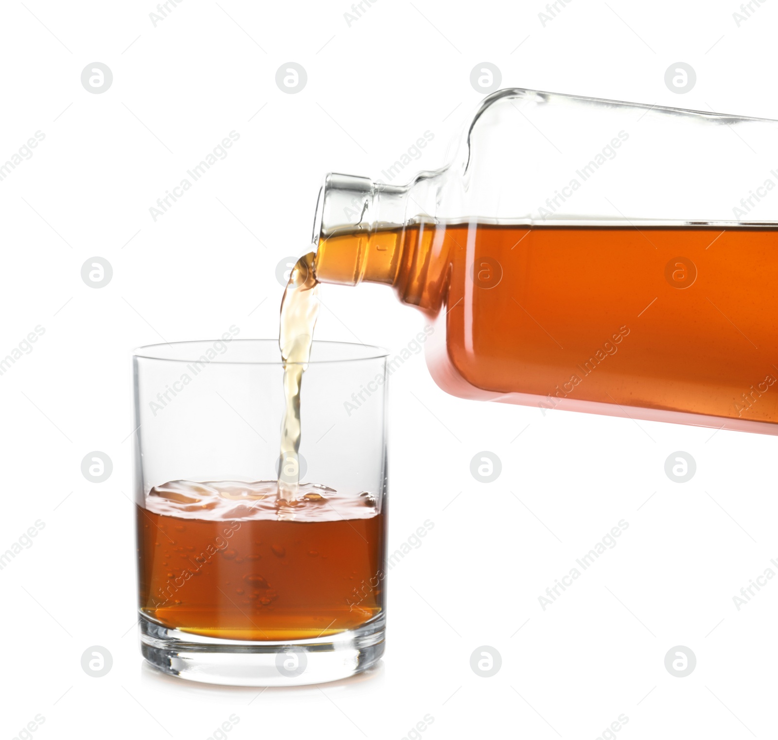 Photo of Pouring expensive whiskey into glass on white background