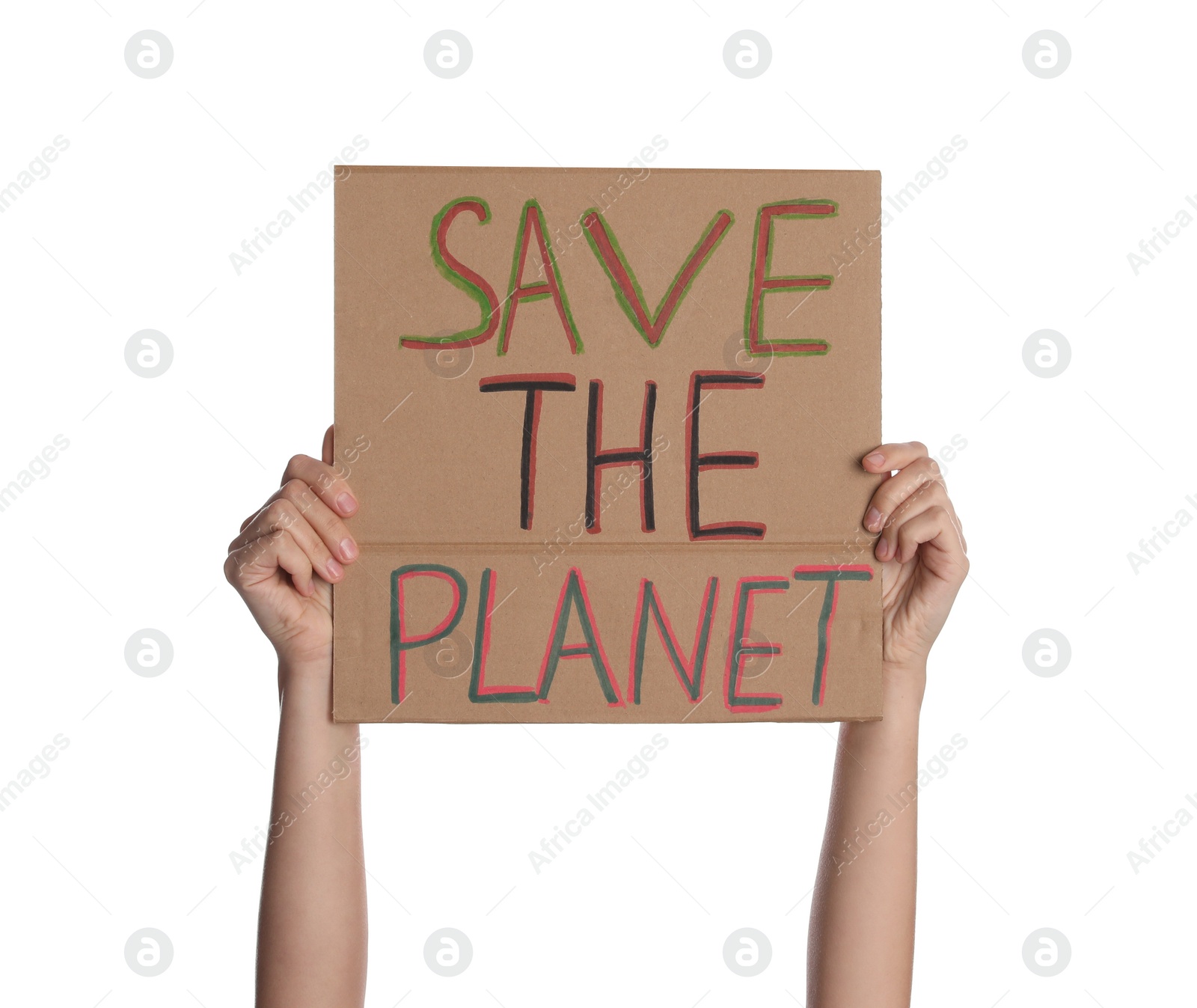 Photo of Protestor holding placard with text Save The Planet on white background, closeup. Climate strike