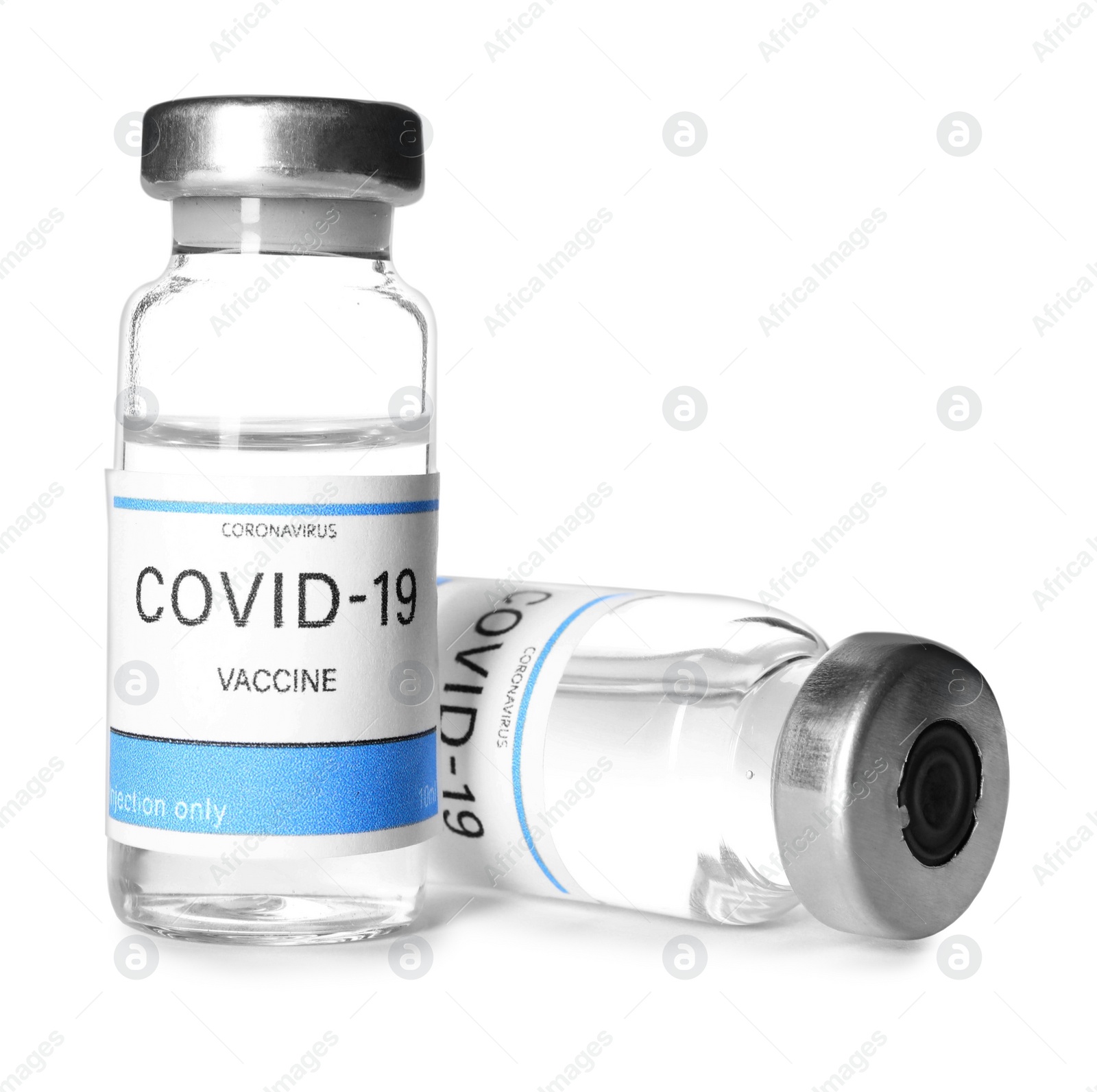 Photo of Vials with vaccine against coronavirus on white background