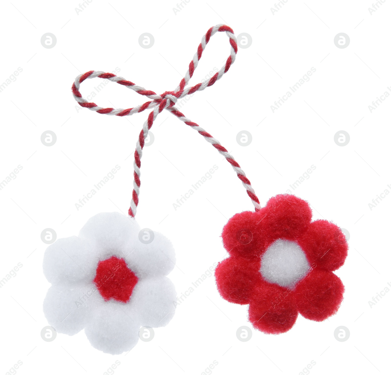 Photo of Traditional martisor with flowers on white background. Beginning of spring celebration