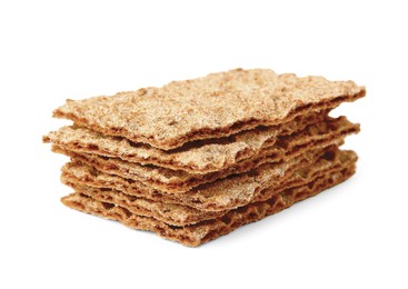 Stack of fresh crunchy crispbreads on white background. Healthy snack