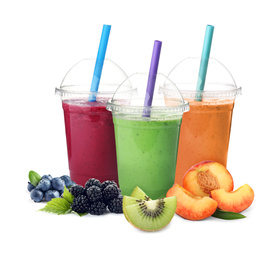 Image of Different delicious smoothies in plastic cups on white background