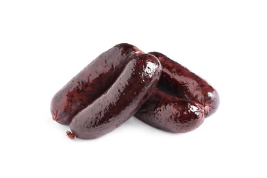 Photo of Whole tasty blood sausages on white background