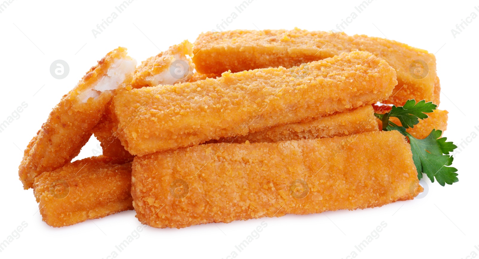 Photo of Tasty fresh fish fingers with parsley on white background