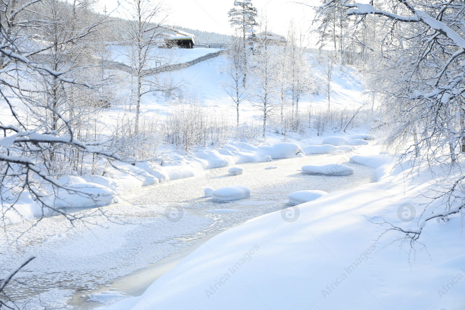 Photo of Picturesque view of frozen pond and trees covered with snow outdoors. Winter landscape