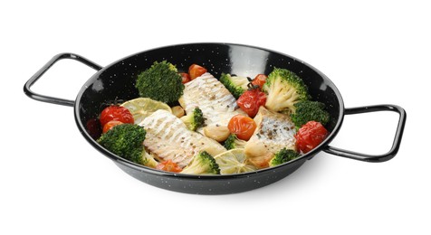 Photo of Tasty cod cooked with vegetables in frying pan isolated on white