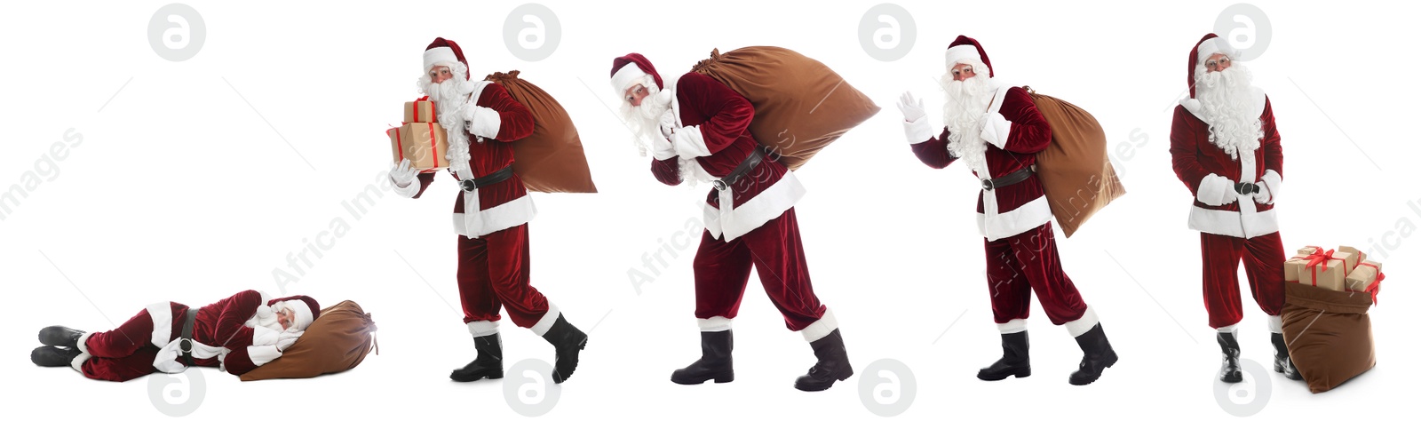 Image of Collage with photos of Santa Claus on white background. Banner design