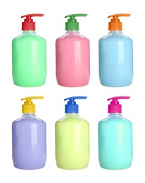 Image of Set with bottles of multicolored liquid soap on white background