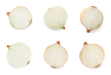 Image of Collage with halves of fresh onions on white background