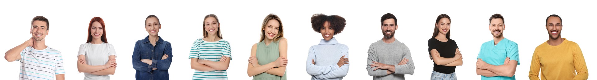 Image of Collage with portraits of happy people on white background