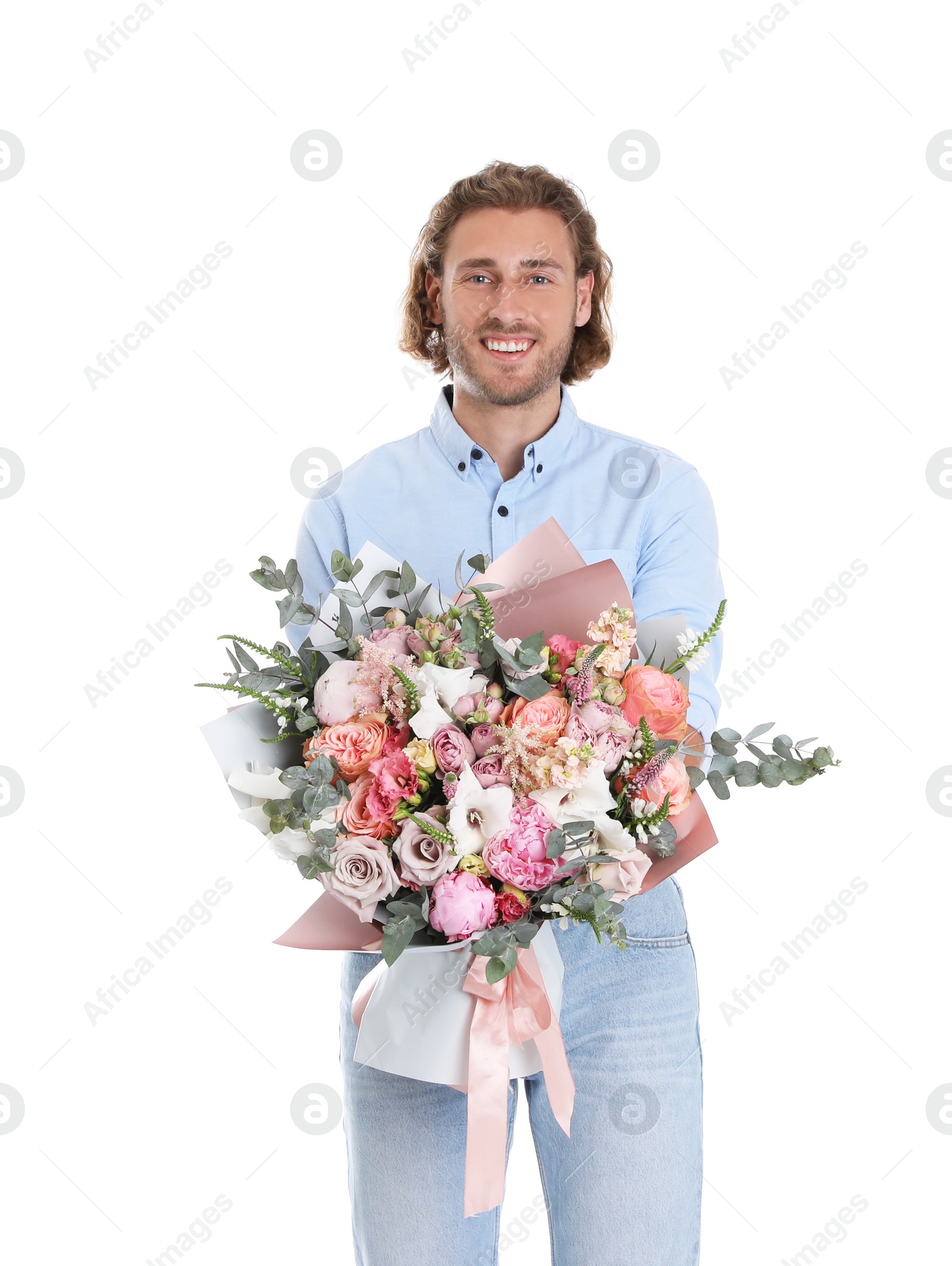 Photo of Young handsome man with beautiful flower bouquet on white background