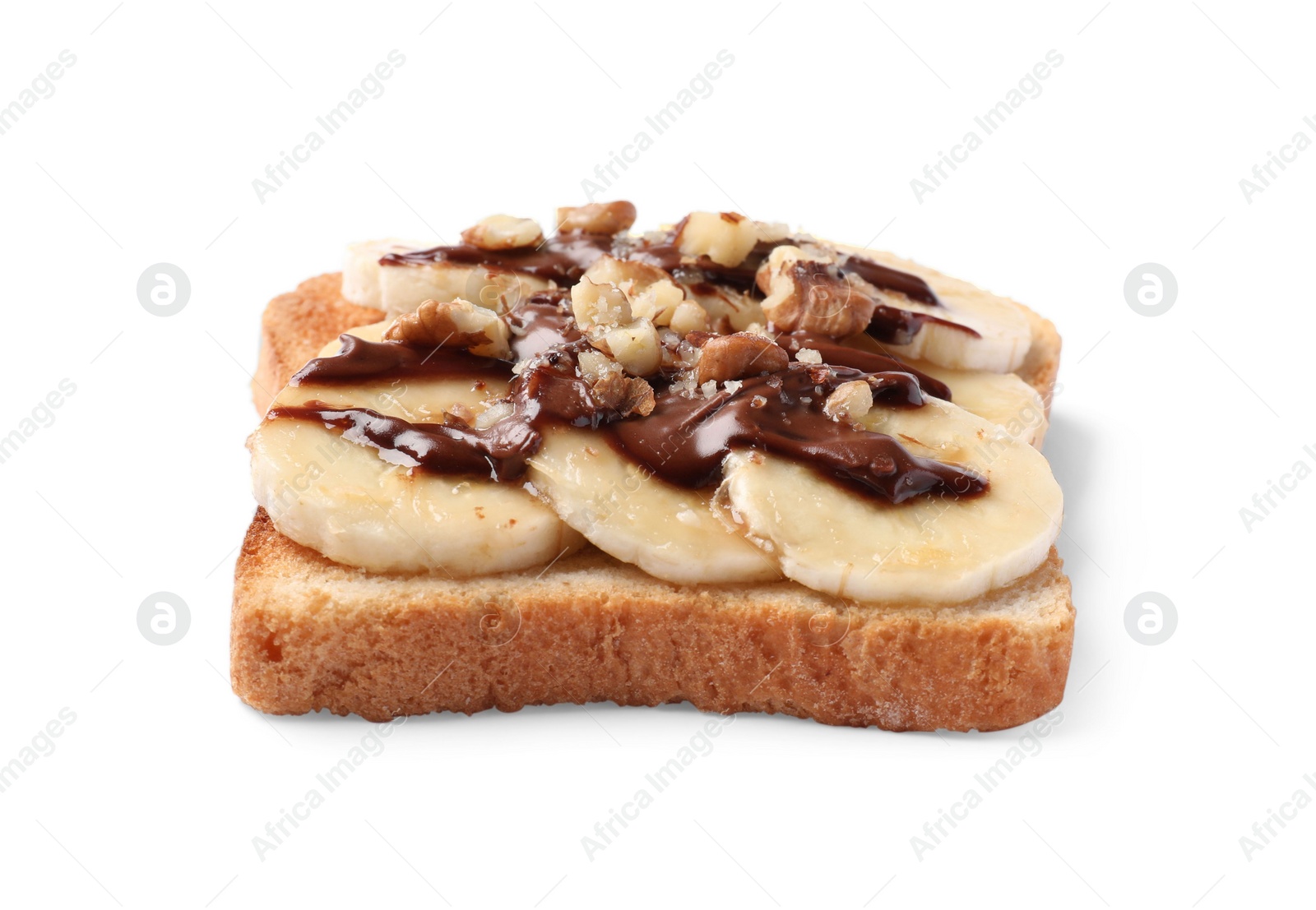 Photo of Delicious toast with bananas, chocolate cream and nuts isolated on white