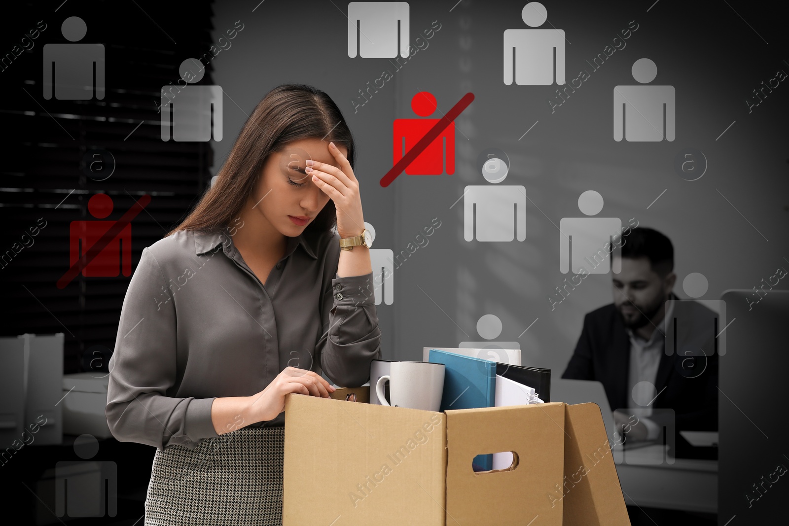 Image of Dismissed woman packing personal stuff into box in office