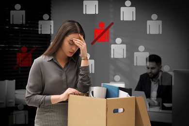Image of Dismissed woman packing personal stuff into box in office