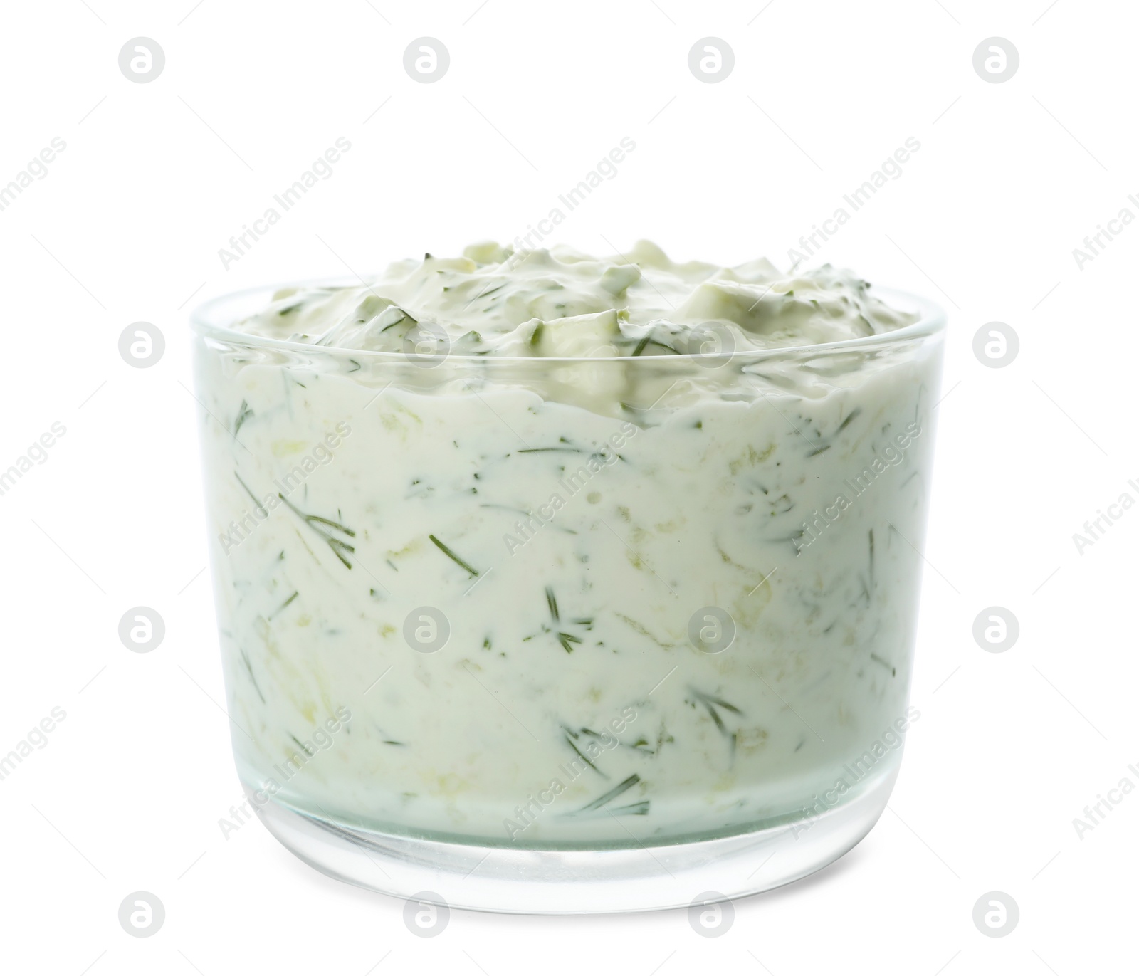 Photo of Cucumber sauce on white background. Traditional Tzatziki