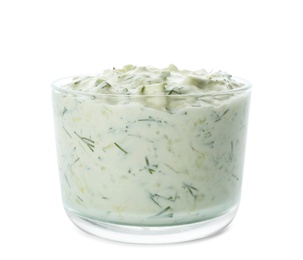 Photo of Cucumber sauce on white background. Traditional Tzatziki