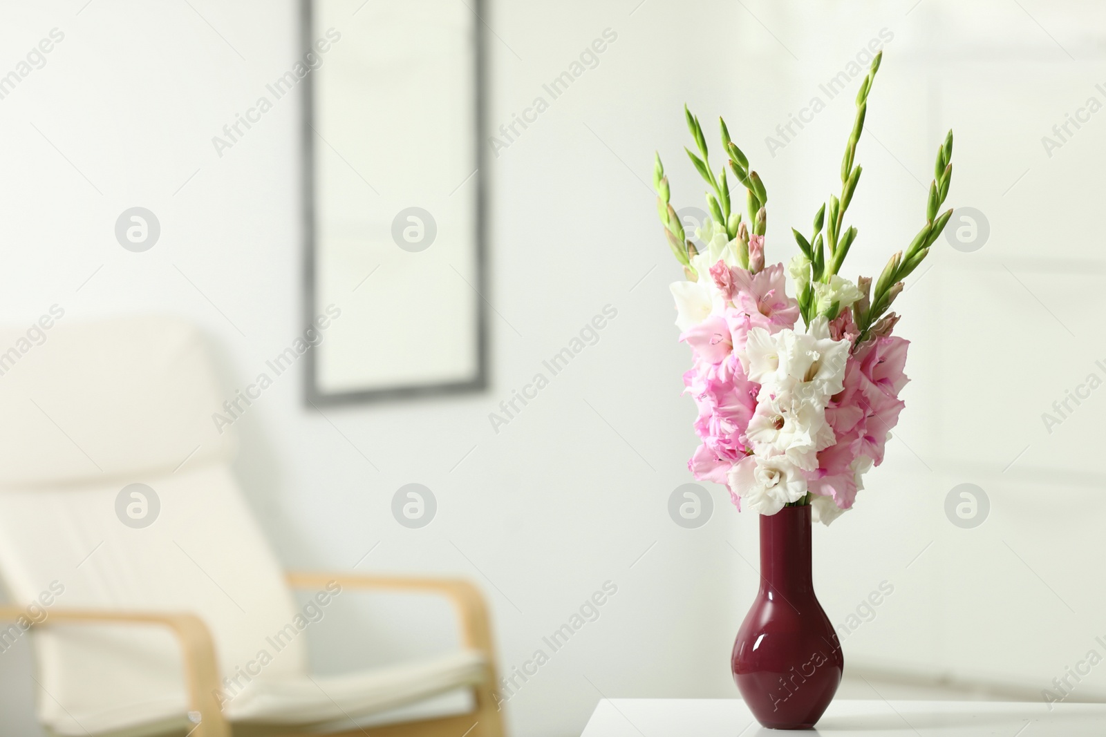 Photo of Vase with beautiful gladiolus flowers on wooden table indoors. Space for text