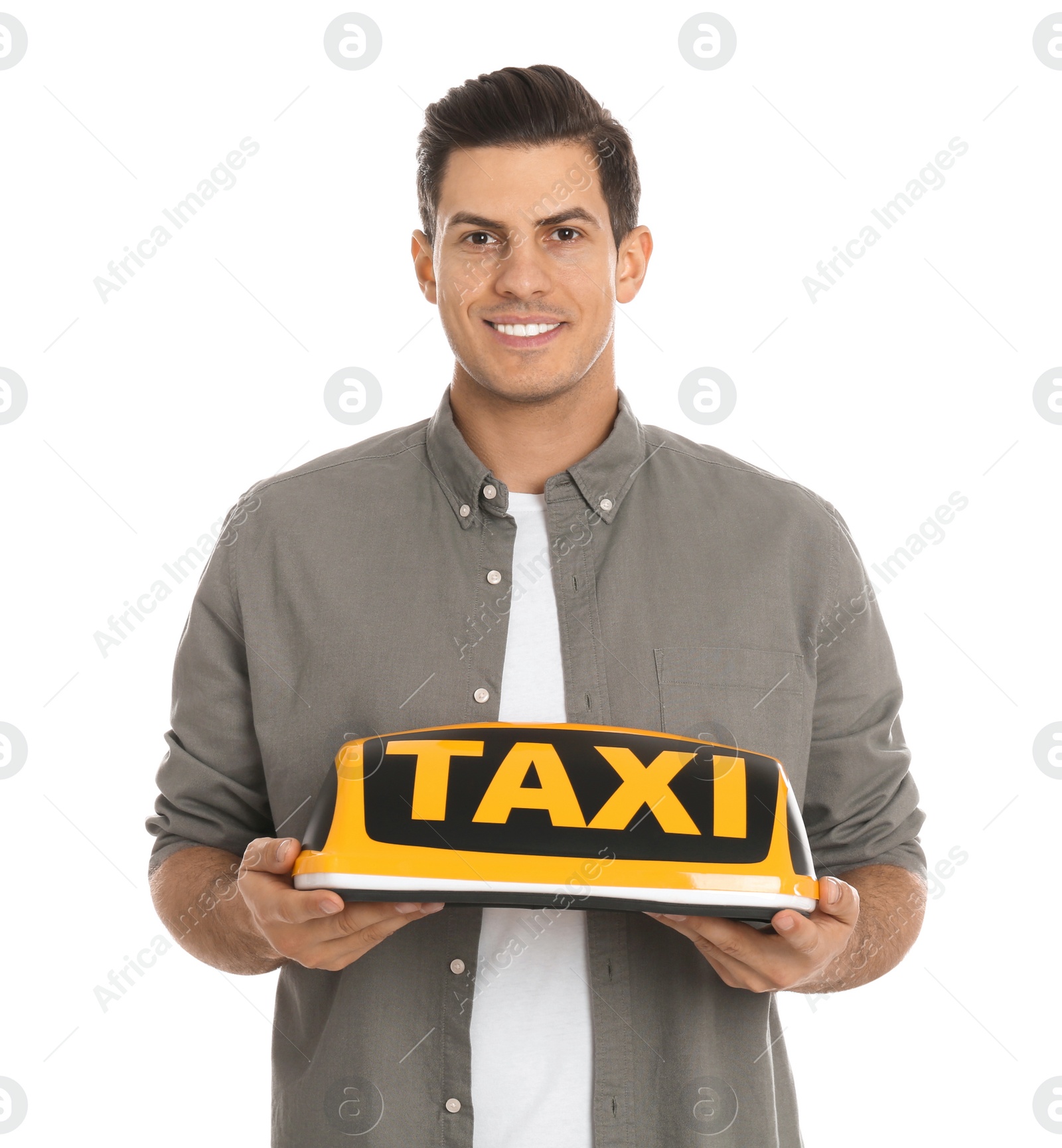 Photo of Man holding taxi sign on white background