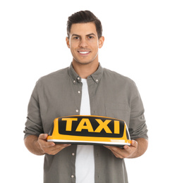 Man holding taxi sign on white background