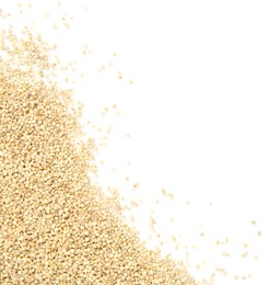 Raw quinoa on white background, top view