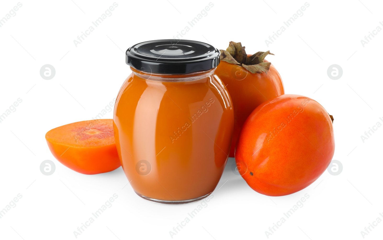 Photo of Delicious persimmon jam and fresh fruits isolated on white