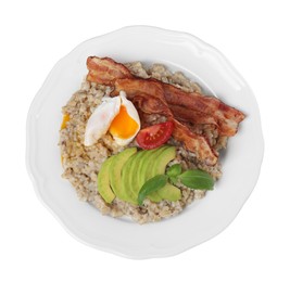 Delicious boiled oatmeal with egg, bacon, tomato and avocado isolated on white, top view