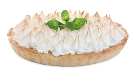 Photo of Delicious lemon meringue pie decorated with mint on white background