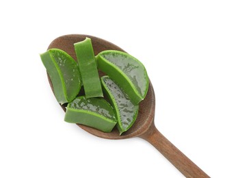 Wooden spoon with fresh aloe vera pieces isolated on white, top view