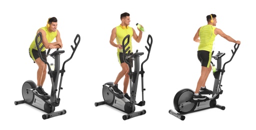 Man using modern elliptical machine on white background, collage. Banner design