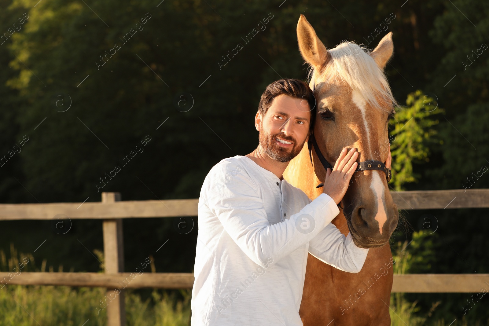 Photo of Handsome man with adorable horse outdoors. Lovely domesticated pet