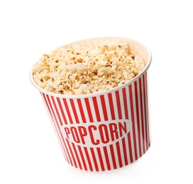 Photo of Paper bucket with of tasty popcorn on white background