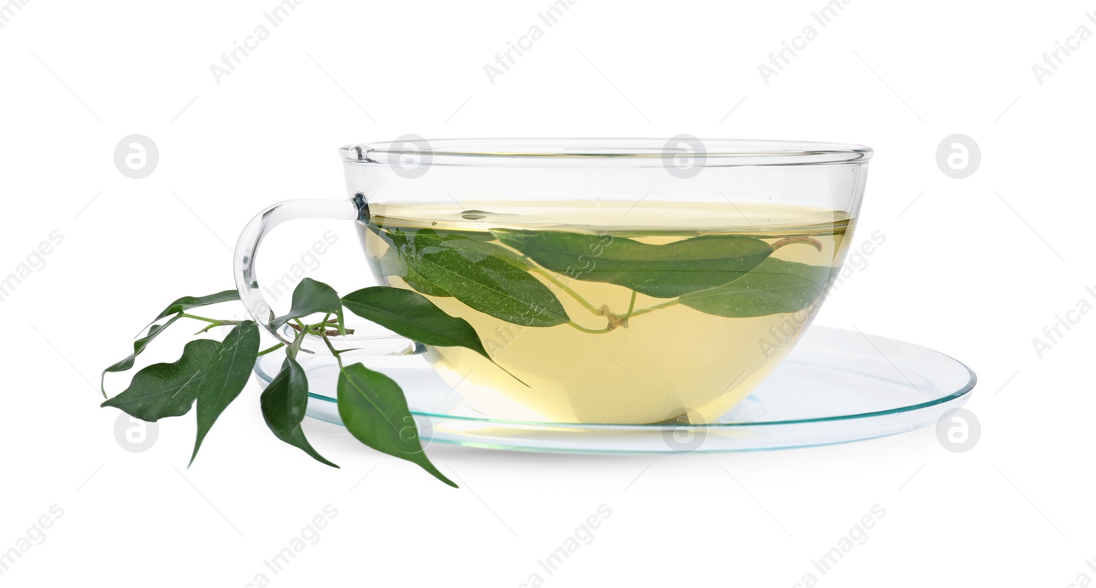 Photo of Refreshing green tea in cup and leaves isolated on white