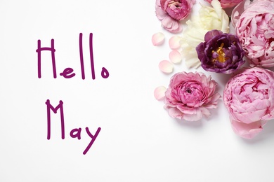 Image of Hello May. Composition with beautiful flowers on white background, top view