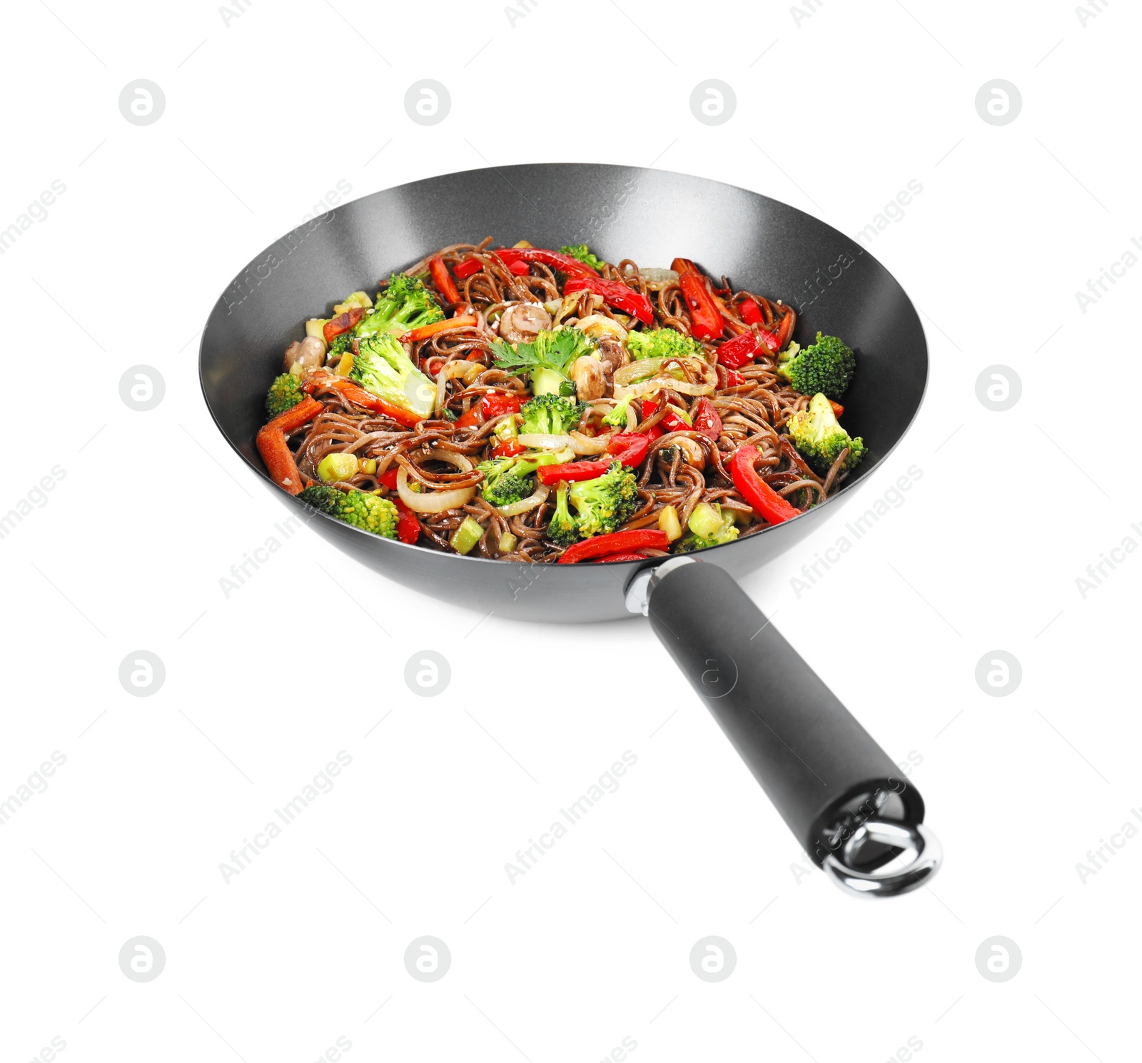 Photo of Stir-fry. Tasty noodles with meat and vegetables in wok isolated on white