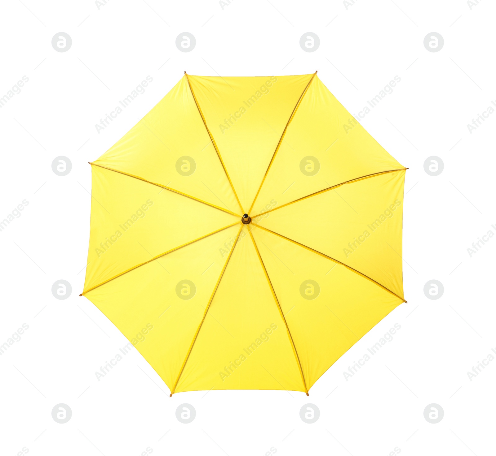 Photo of Modern opened yellow umbrella isolated on white