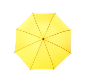 Photo of Modern opened yellow umbrella isolated on white