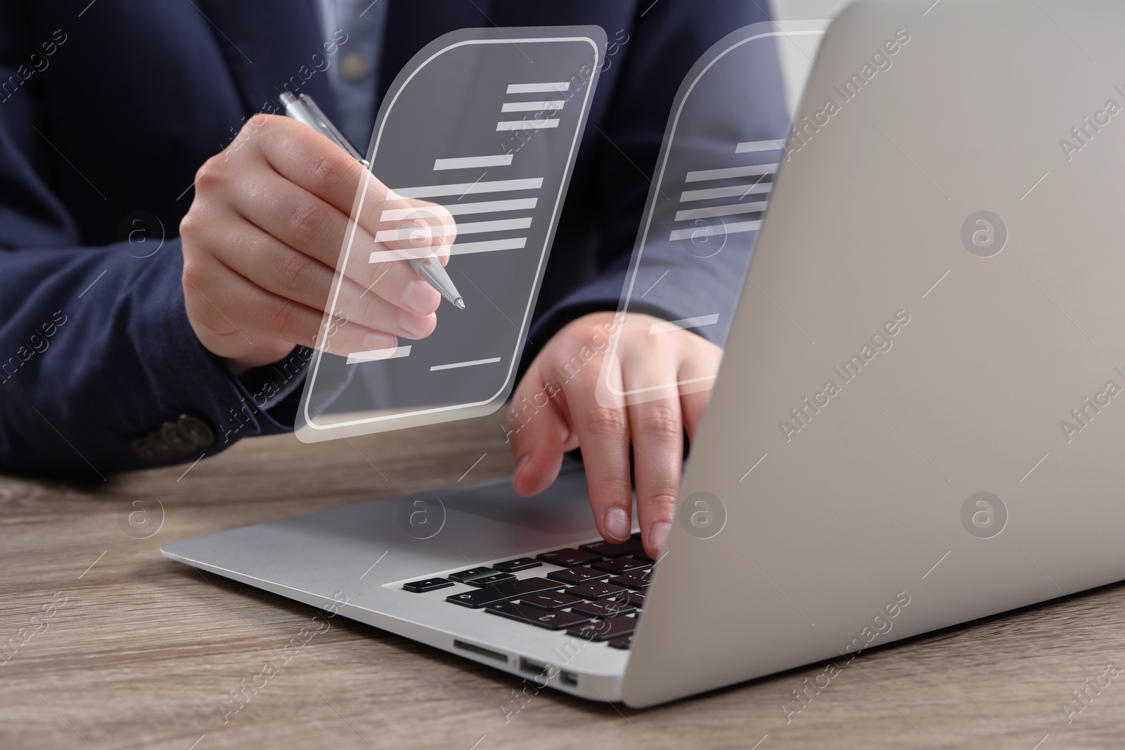 Image of Woman signing electronic document at table, closeup. Virtual screen over laptop