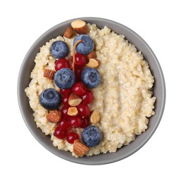 Photo of Bowl of delicious cooked quinoa with almonds, cranberries and blueberries isolated on white, top view