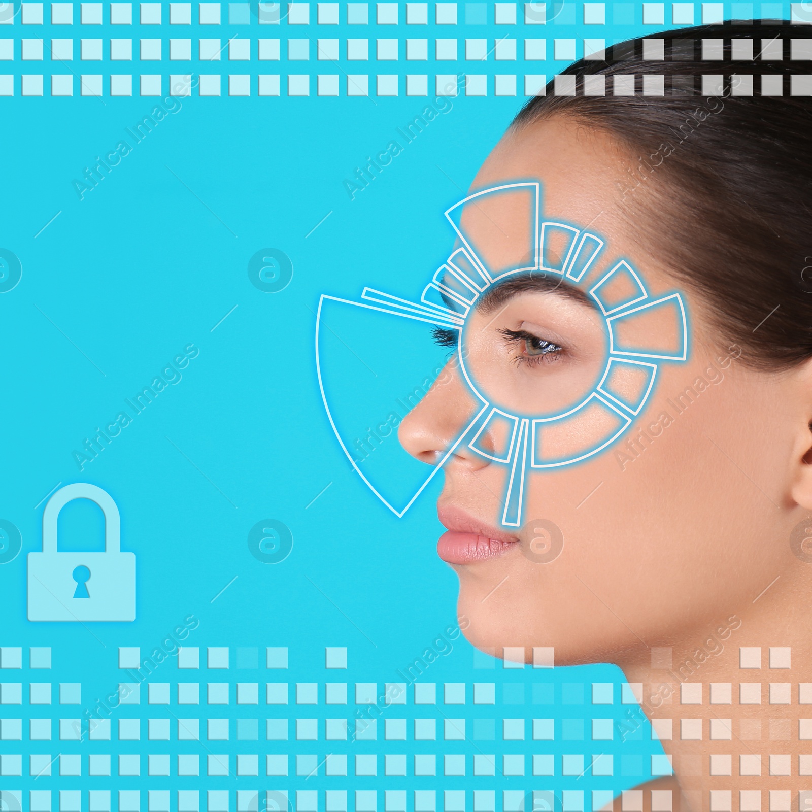 Image of Facial recognition system. Woman scanned by iris on blue background