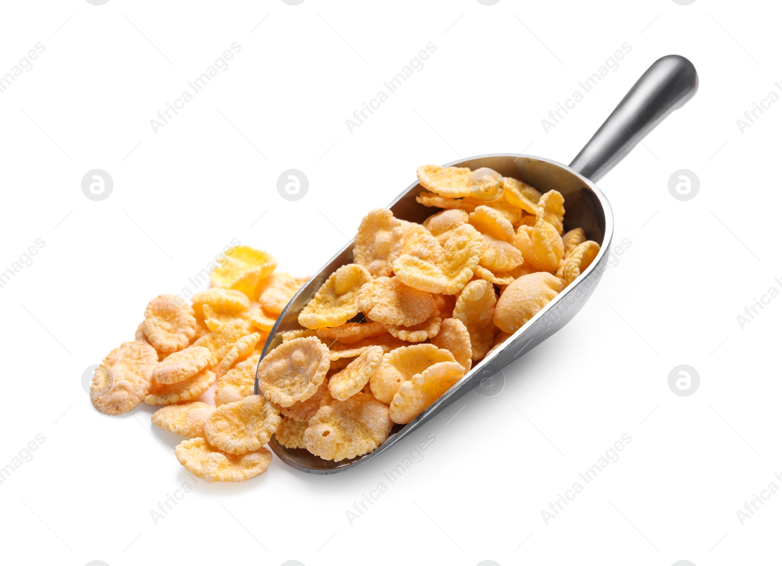 Photo of Metal scoop of tasty crispy corn flakes on white background